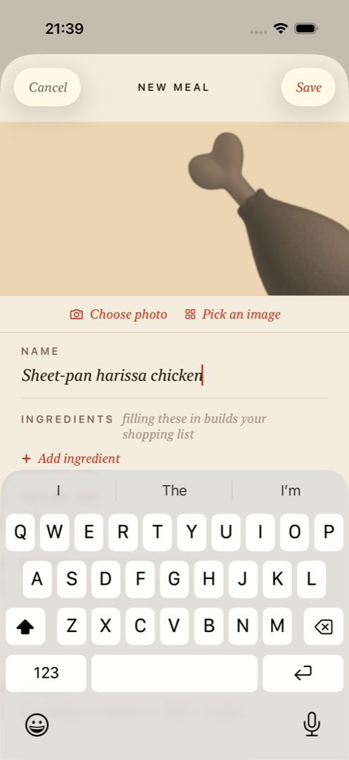 Adding a new meal with a name, ingredients, and notes.