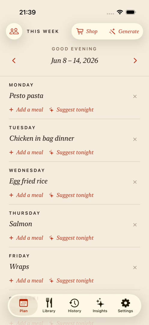 FamilyPlate weekly plan screen showing a dinner chosen for each day of the week.